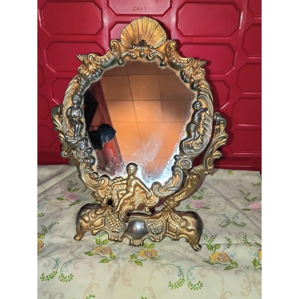 Vintage Silver Plated Cherub Countertop Vanity Mirror